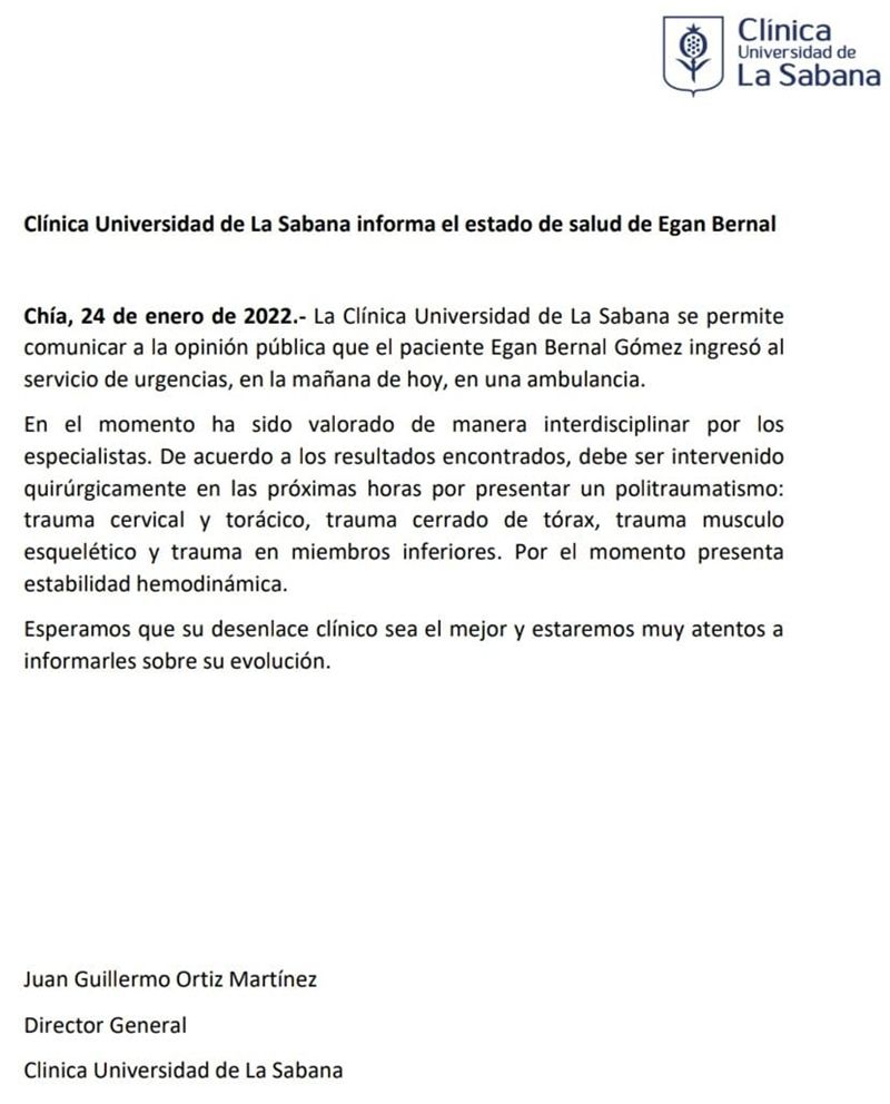 Parte medico Egan Bernal Parte medico Egan Bernal