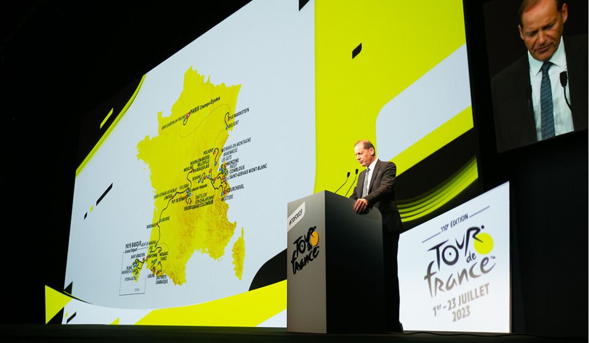 Christian Prudhomme en un momento de la presentación del recorrido del Tour 2023