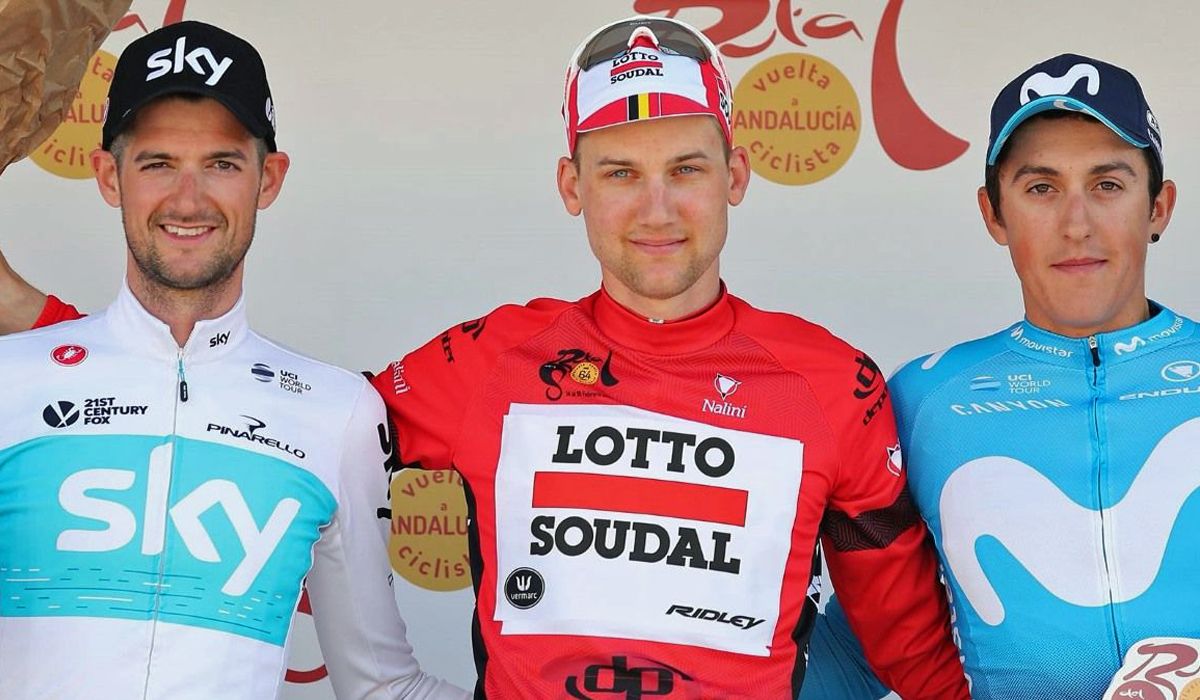 Podio de la Vuelta a Andalucia 2018, con Wellens, Poels y Marc Soler