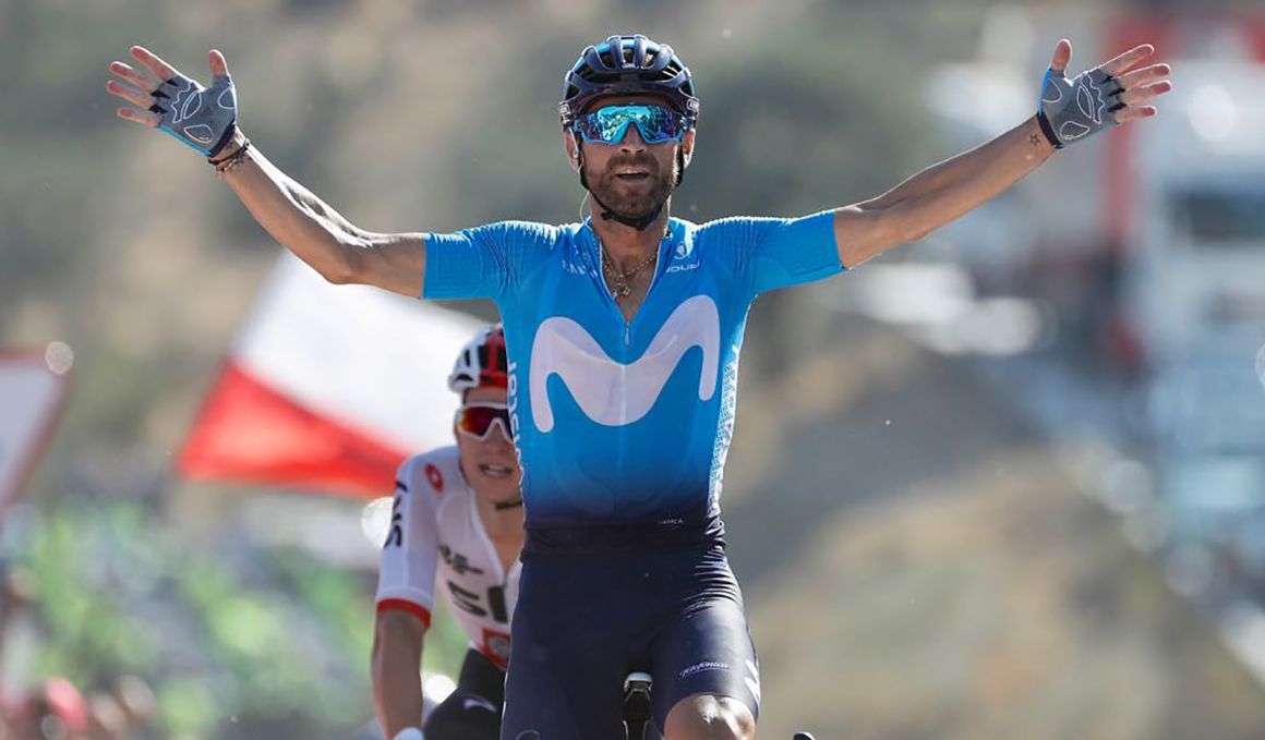 Alejandro Valverde celebra su décima victoria de etapa en la Vuelta a España. 