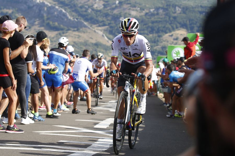 Sergio Henao, en acción en La Camperona durante la Vuelta a España 2018. 