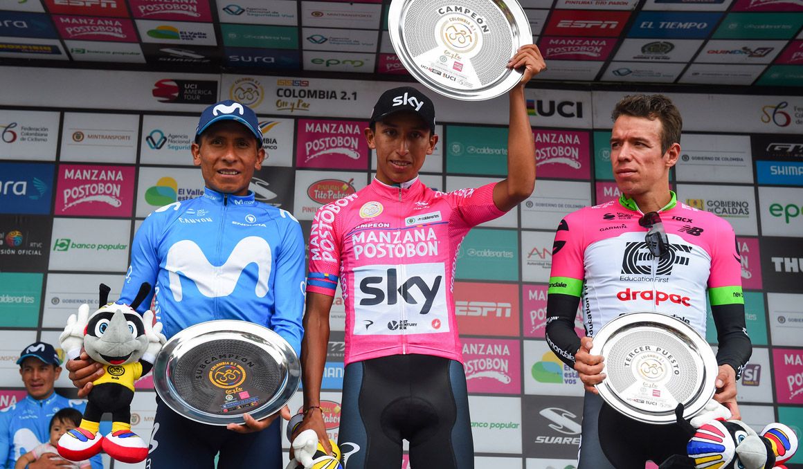 Egan Bernal (centro), Nairo Quintana y Rigoberto Urán, podio final de la Colombia Oro y Paz 2018 y tres de los máximos representantes del pujante ciclismo colombiano.
