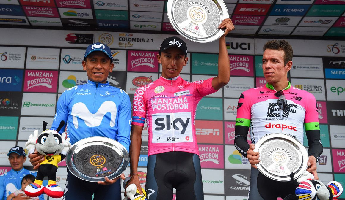 Podio de la edición 2018 de esta prueba (entonces llamada Colombia Oro y Paz), con Egan Bernal, Nairo Quintana y Rigoberto Urán. 