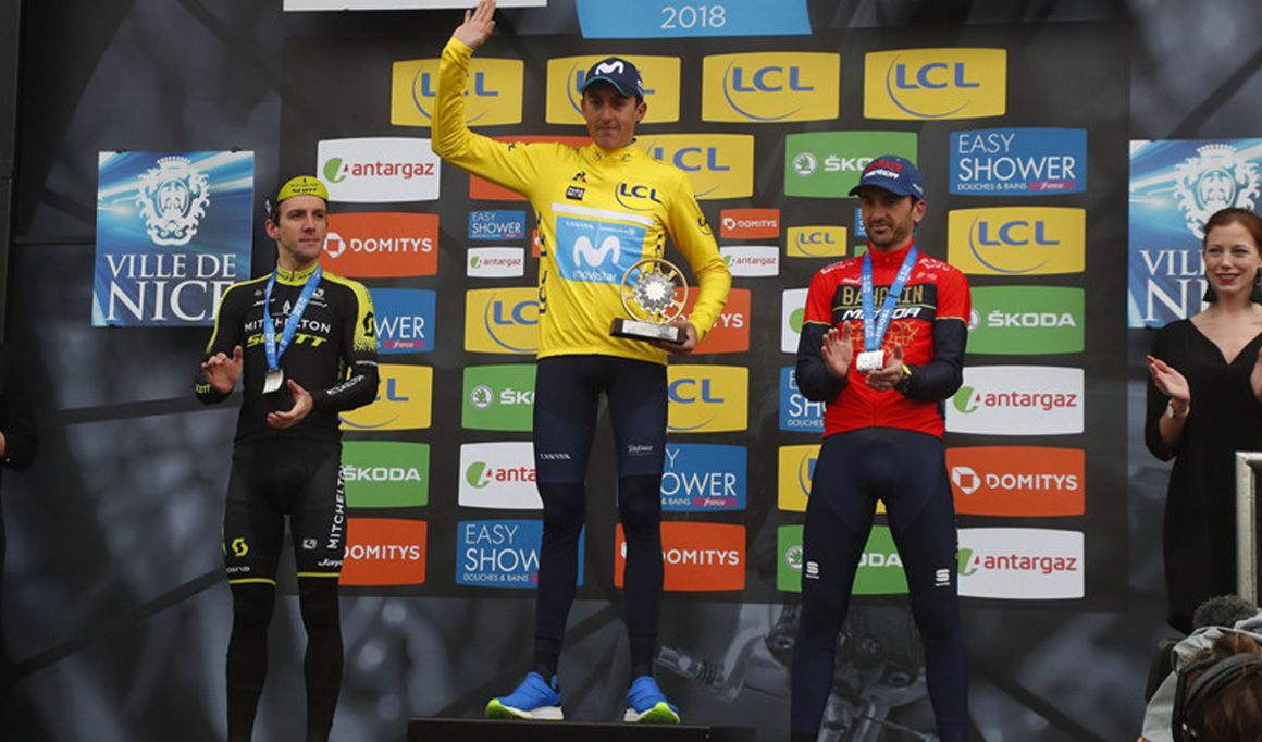 Podio de la París-Niza 2018, con Marc Soler (ganador) escoltado por SImon Yates y Gorka Izagirre. 
