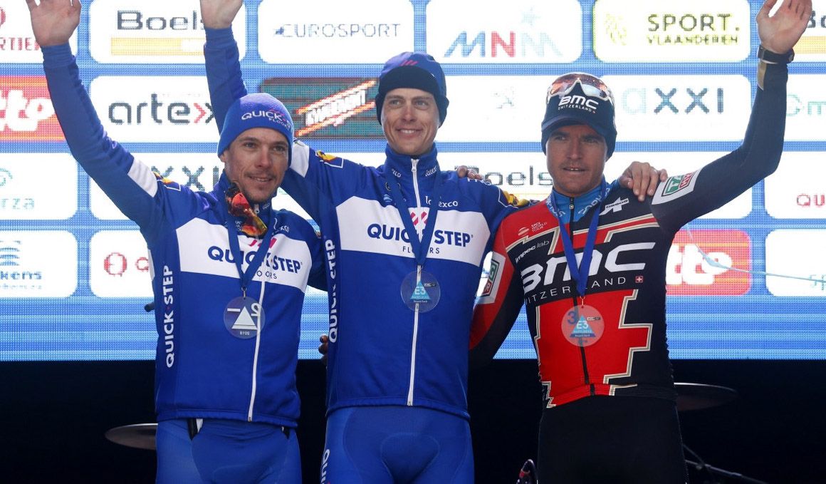 Podio de 2018, con Niki Terpstra como ganador escoltado por Philippe Gilbert (2º) y  Greg Van Avermaet (3º). 
