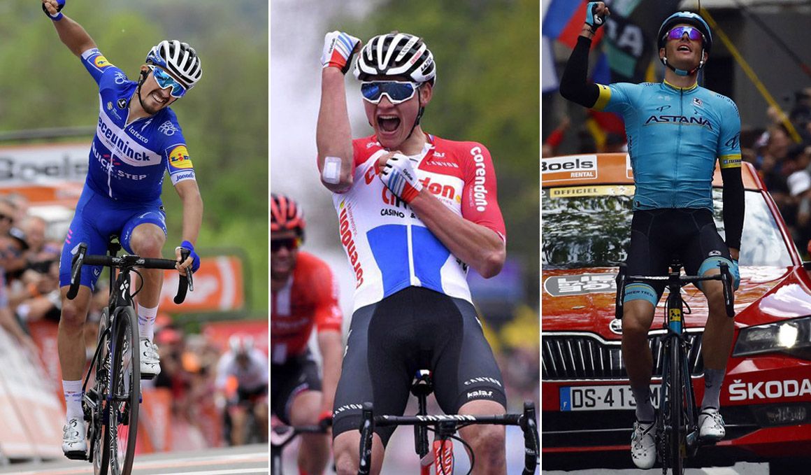 Julian Alaphilippe, Mathieu Van der Poel y Jakob Fuglsang (de izda a der), grandes dominadores de la primavera ciclista. 