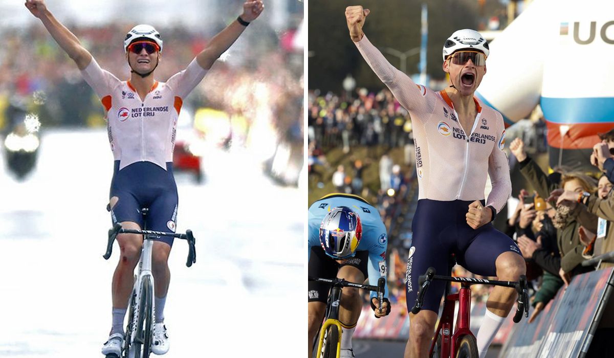 Mathieu van der Poel celebrando sus títulos Mundiales en ruta y ciclocross
