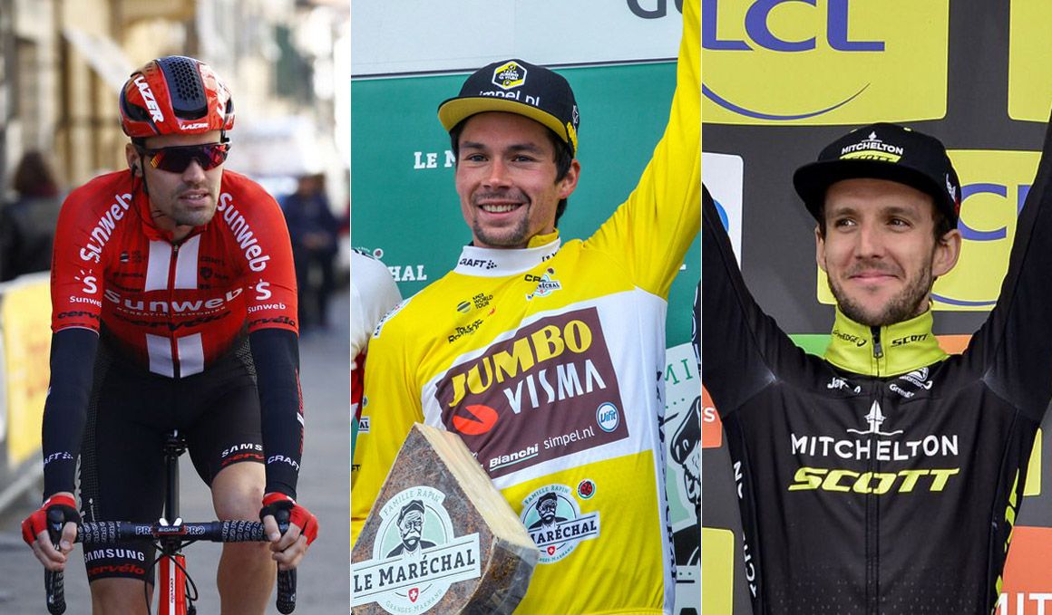 Tom Dumoulin (izda), Primoz Roglic (centro) y Simon Yates (der) encabezan todas las quinielas de favoritos para conquistar el Giro de Italia 2019.