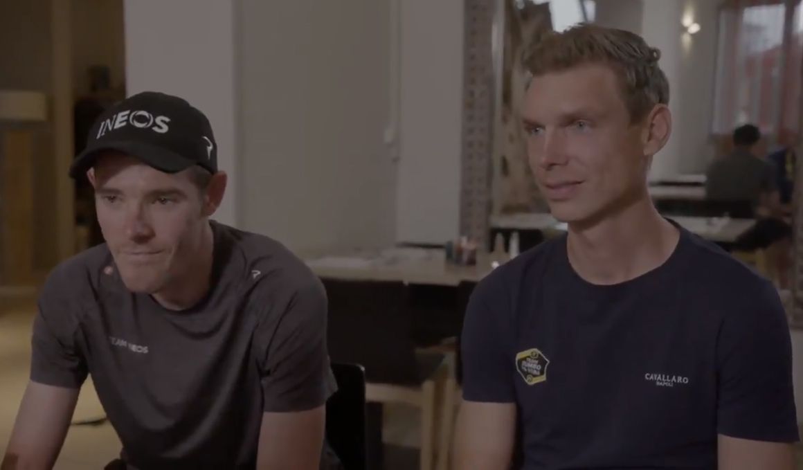 Imagen del vídeo conjunto que grabaron Tony Martin (der) y Luke Rowe (izq), en el que explicaron el incidente y pidieron disculpas por el mismo.  Imagen del vídeo conjunto que grabaron Tony Martin (der) y Luke Rowe (izq), en el que explicaron el incidente y pidieron disculpas por el mismo.