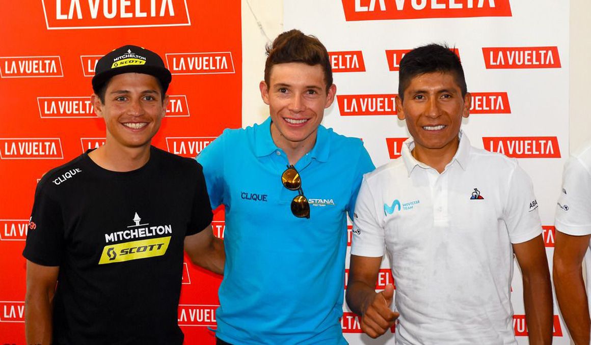 Miguel Ángel López, en el centro, junto a sus compatriotas Esteban Chaves y Nairo Quintana. Serán a priori tres de los hombres fuertes de esta Vuelta. Miguel Ángel López, en el centro, junto a sus compatriotas Esteban Chaves y Nairo Quintana. Serán a priori tres de los hombres fuertes de esta Vuelta.
