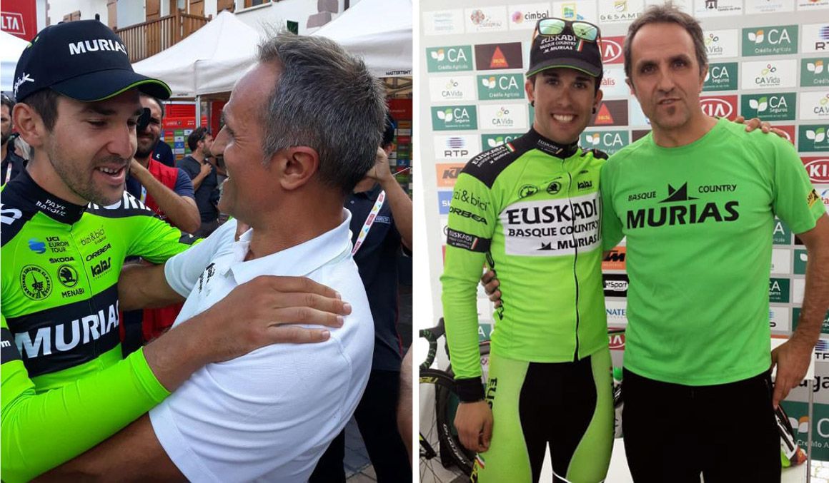 Jon Odriozola con Imanol Estévez (derecha) y Mikel Iturria (izquierda), ciclistas que lograron la primera y la última victoria del Euskadi-Murias en la Volta al Alentejo 2016 y la Vuelta a España 2019, respectivamente.
