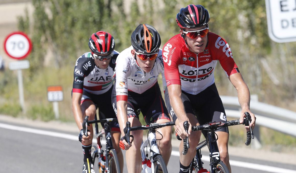 En 2018 Ejea de los Caballeros acogió la salida de una etapa que tuvo final en Lleida y en la que se impuso Jelle Wallays (en la imagen), integrante de la fuga del día. Foto: Bettini Photo. 