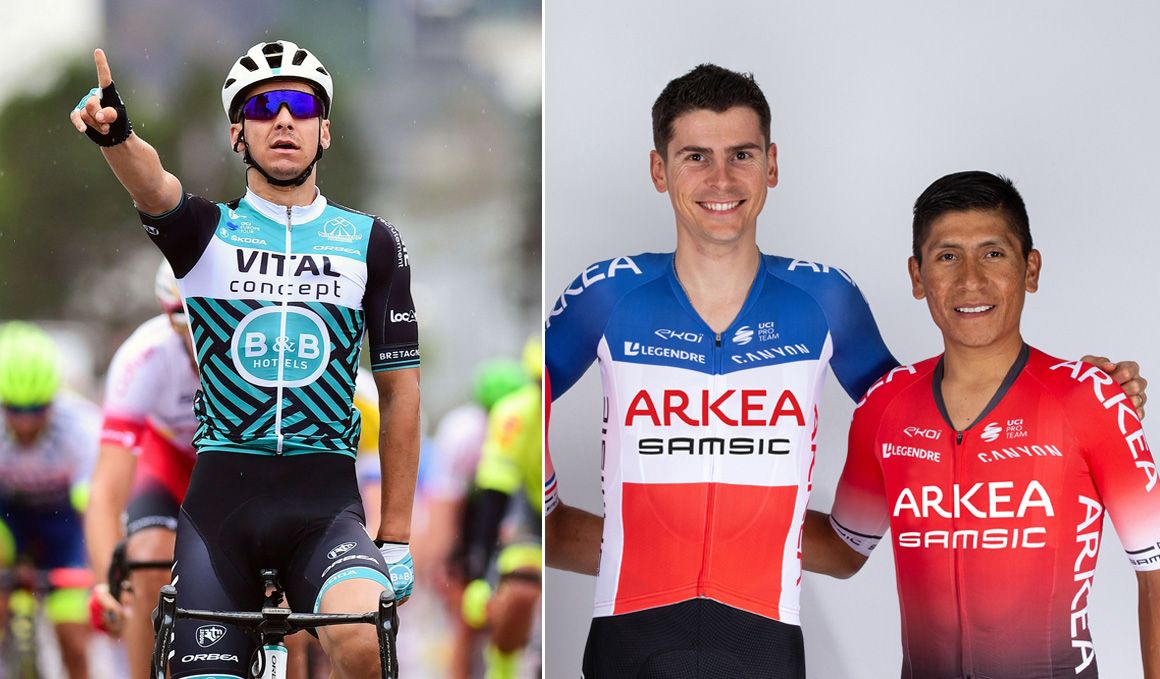 Bryan Coquard (izda) y Warren Barguil y Nairo Quintana (der), prinzipales bazas del Vital Concept y del Arkéa-Samsic, equipos invitados al Tour de Francia 2020. 