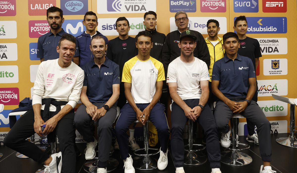 Imagen de los participantes en la Rueda de Prensa de las principales estrellas del Tour Colombia, con el añadido de Alejandro Valverde como invitado especial.
