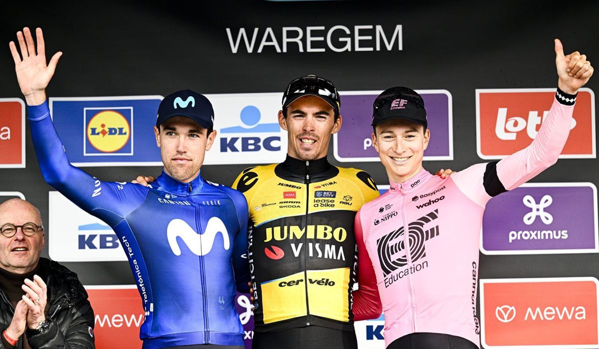 Podio de A Través de Flandes 2023, con Laporte, Lazkano y Powless