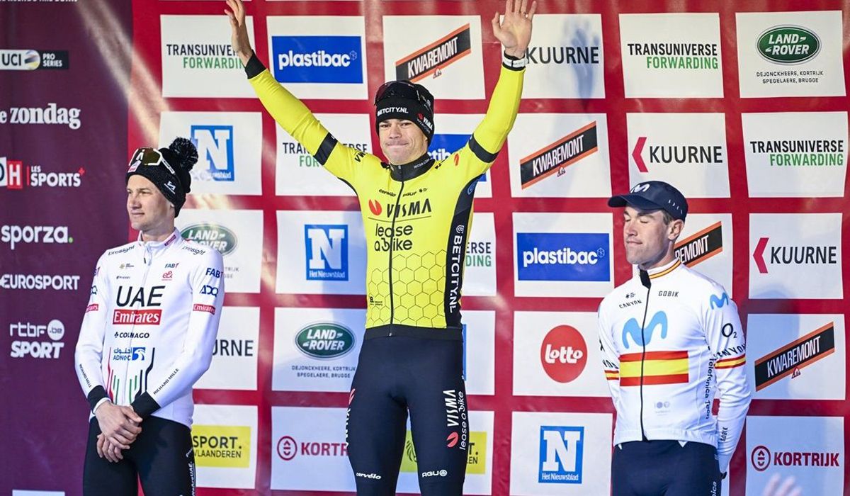Podio de la reciente Kuurne-Bruselas-Kuurne, con Van Aert, Wellens y Lazkano