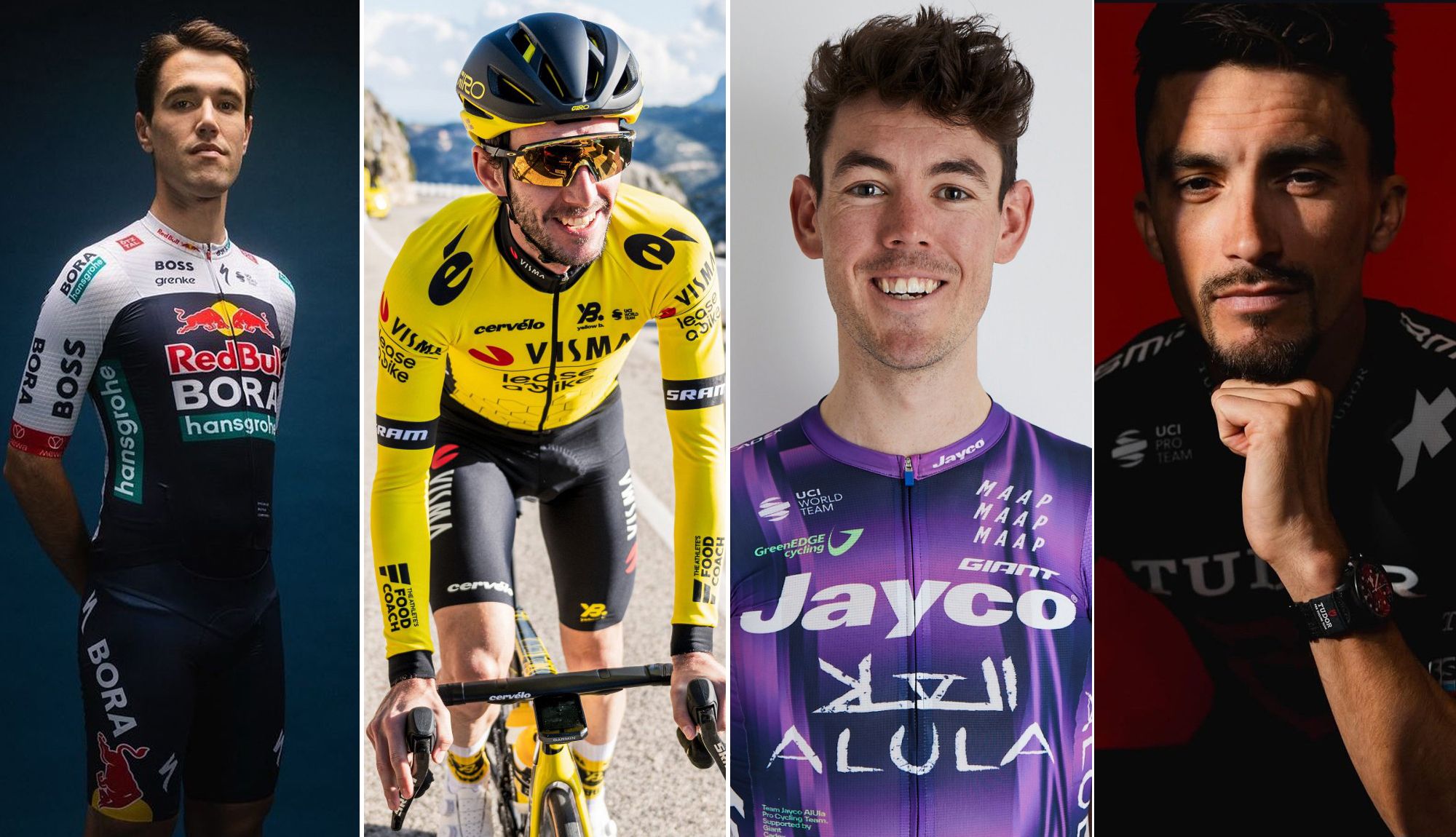 Oier Lazkano, Simon Yates, Ben O´Connor y Julian Alaphilippe con las equipaciones de sus nuevos equipos
