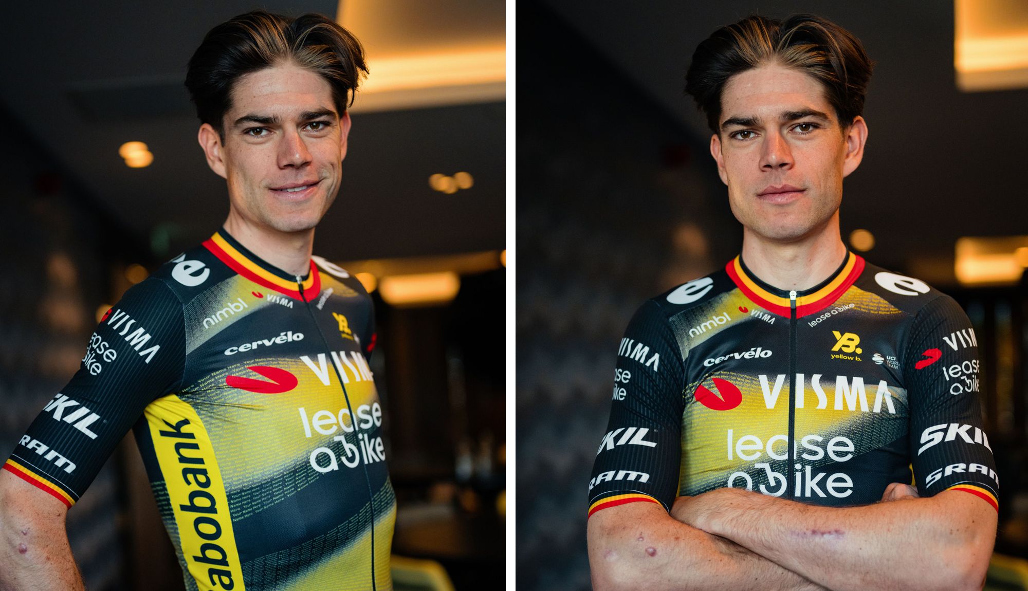 Wout van Aert con el original maillot que lucirán los ciclistas del Visma en el Tour de Francia