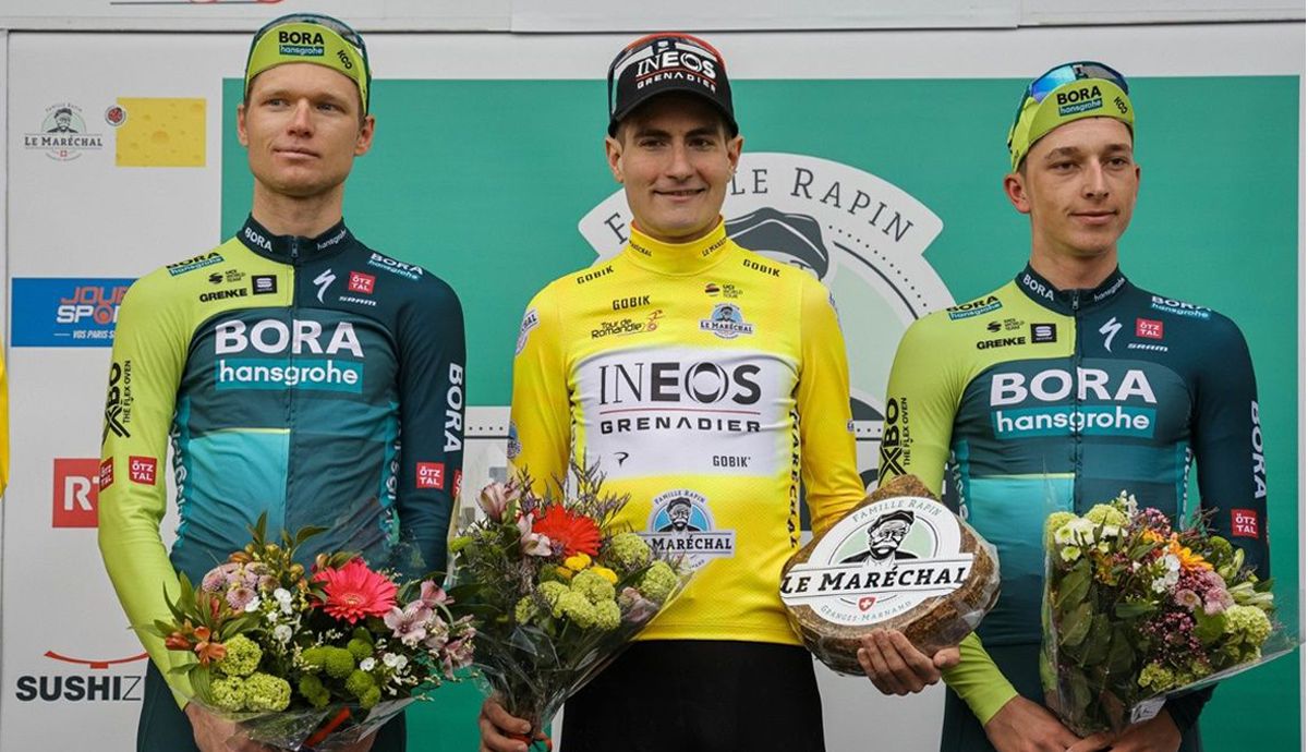 Podio del Tour de Romandía 2024, con Carlos Rodríguez, Aleksandr Vlasov y Florian Lipowitz