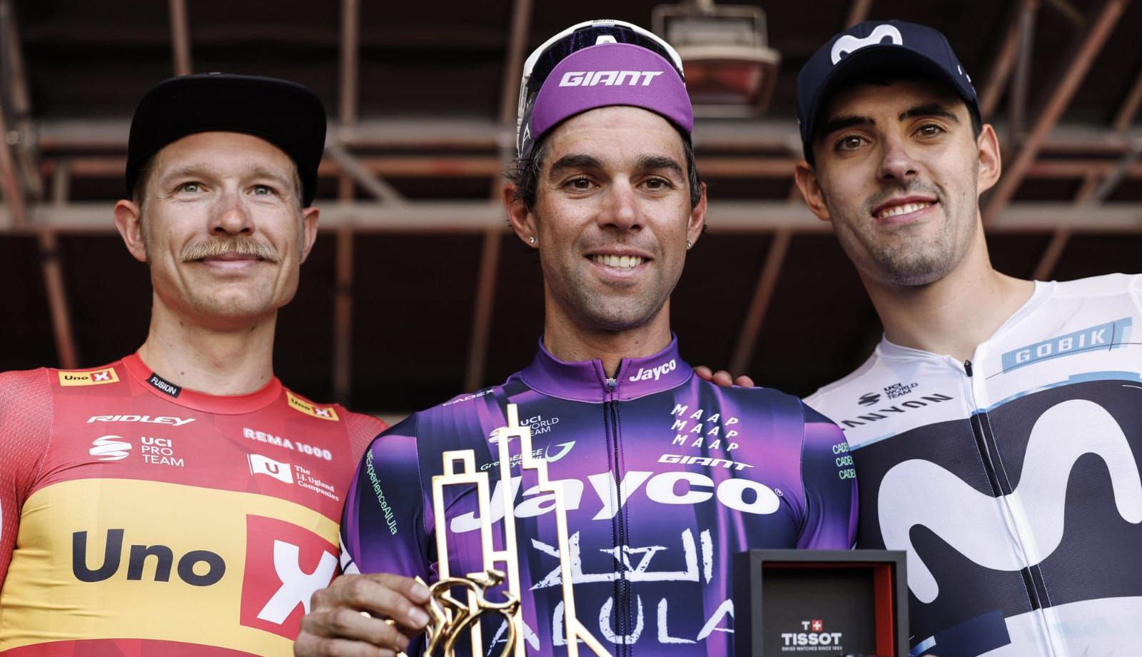 Podio de la Eschborn-Frankfurt, con Matthews, Cort y Barrenetxea