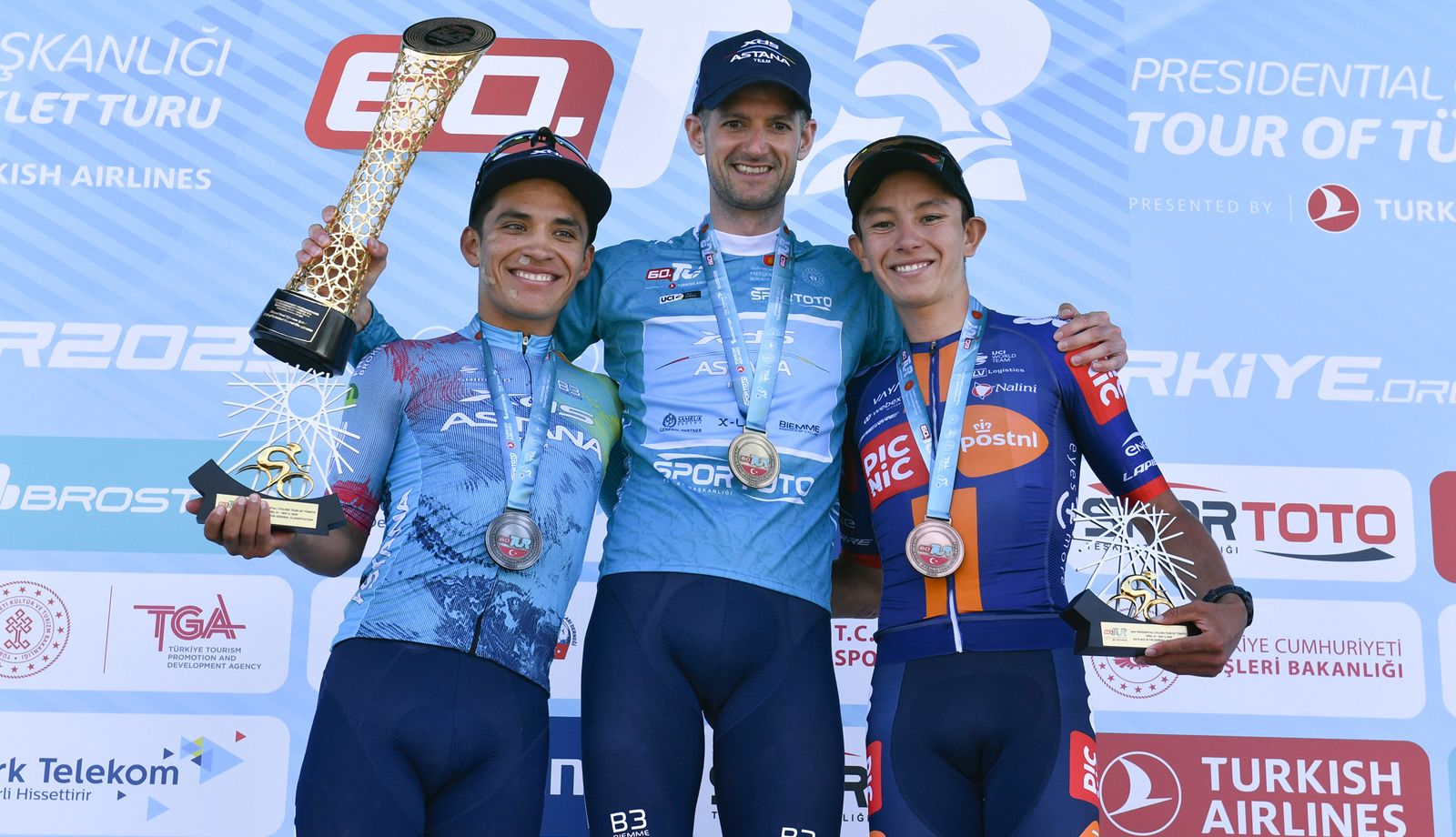 Los Astana Wout Poels y Harold Martín López en lo más alto del podio del Tour de Turquía