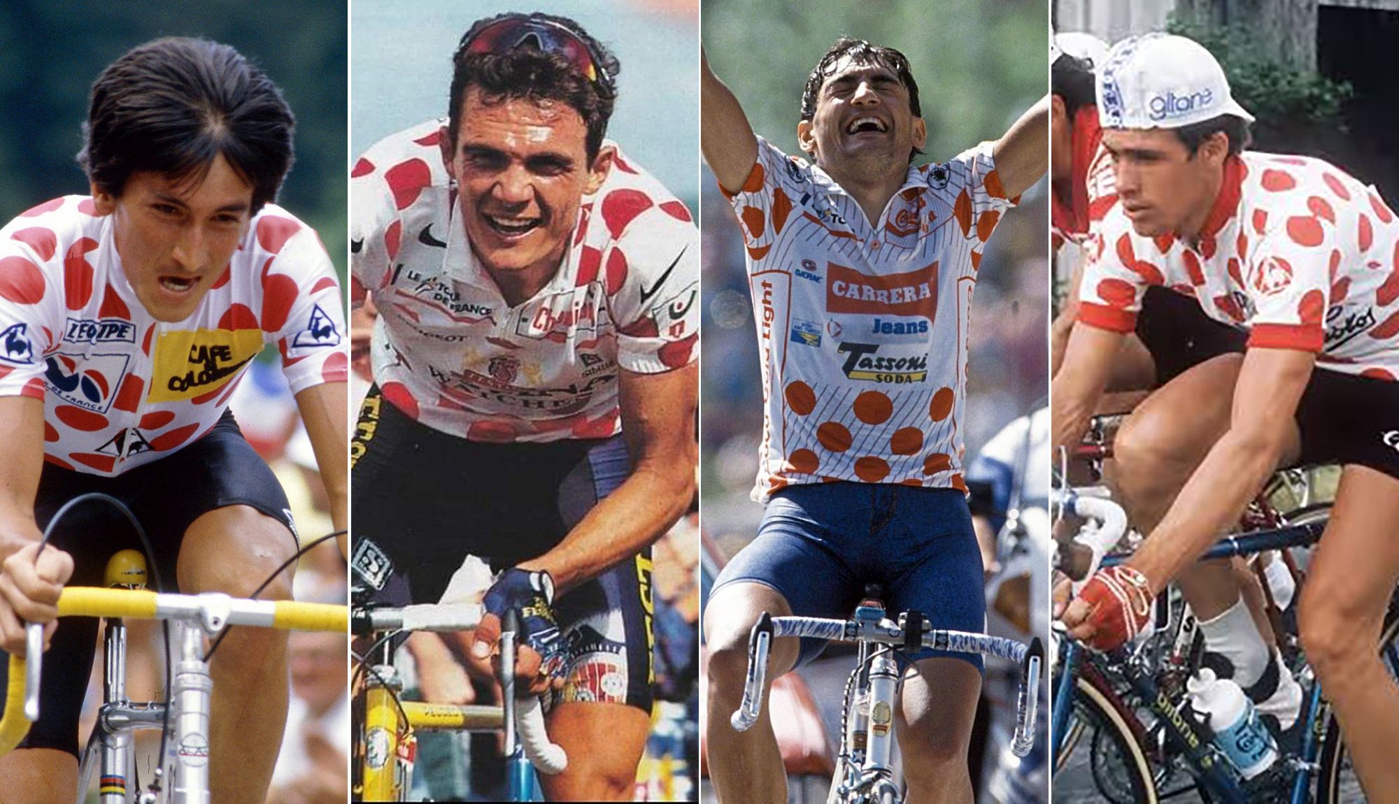 Lucho Herrera, Richard Virenque, Claudio Chiapucci y Lucien Van Impe, cuatro de los ciclistas que más veces han vestido el maillot de lunares rojos del Tour de Francia.
