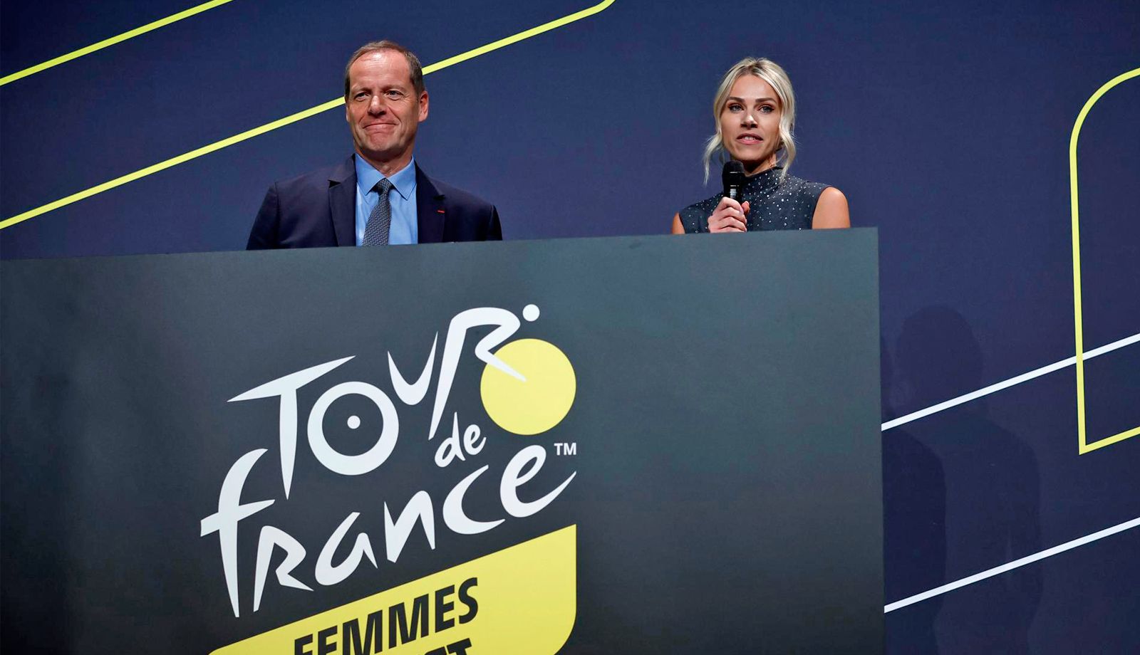 Christian Prudhomme y Marion Rousse durante la presentación del Tour femenino 2026