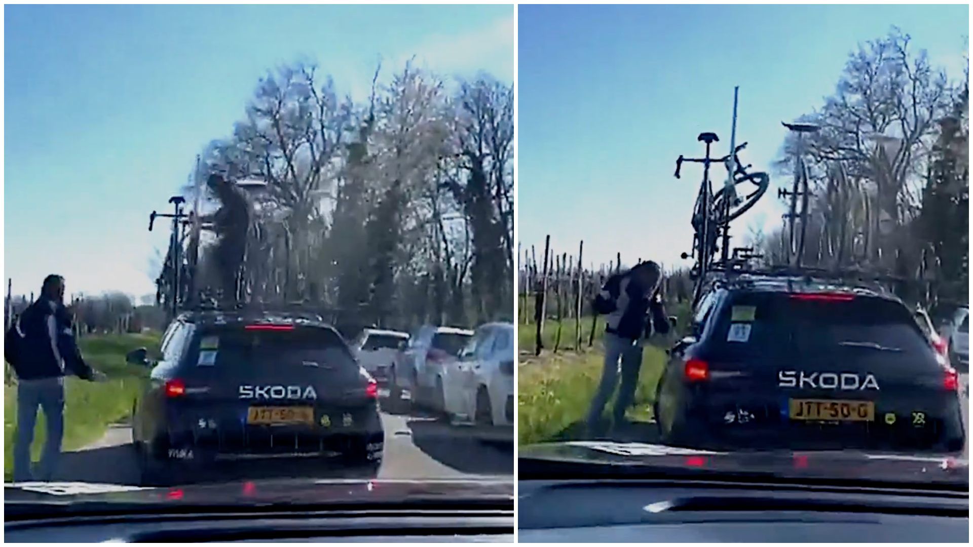 Dos espectadores borrachos asaltan en plena carrera el coche del Visma.