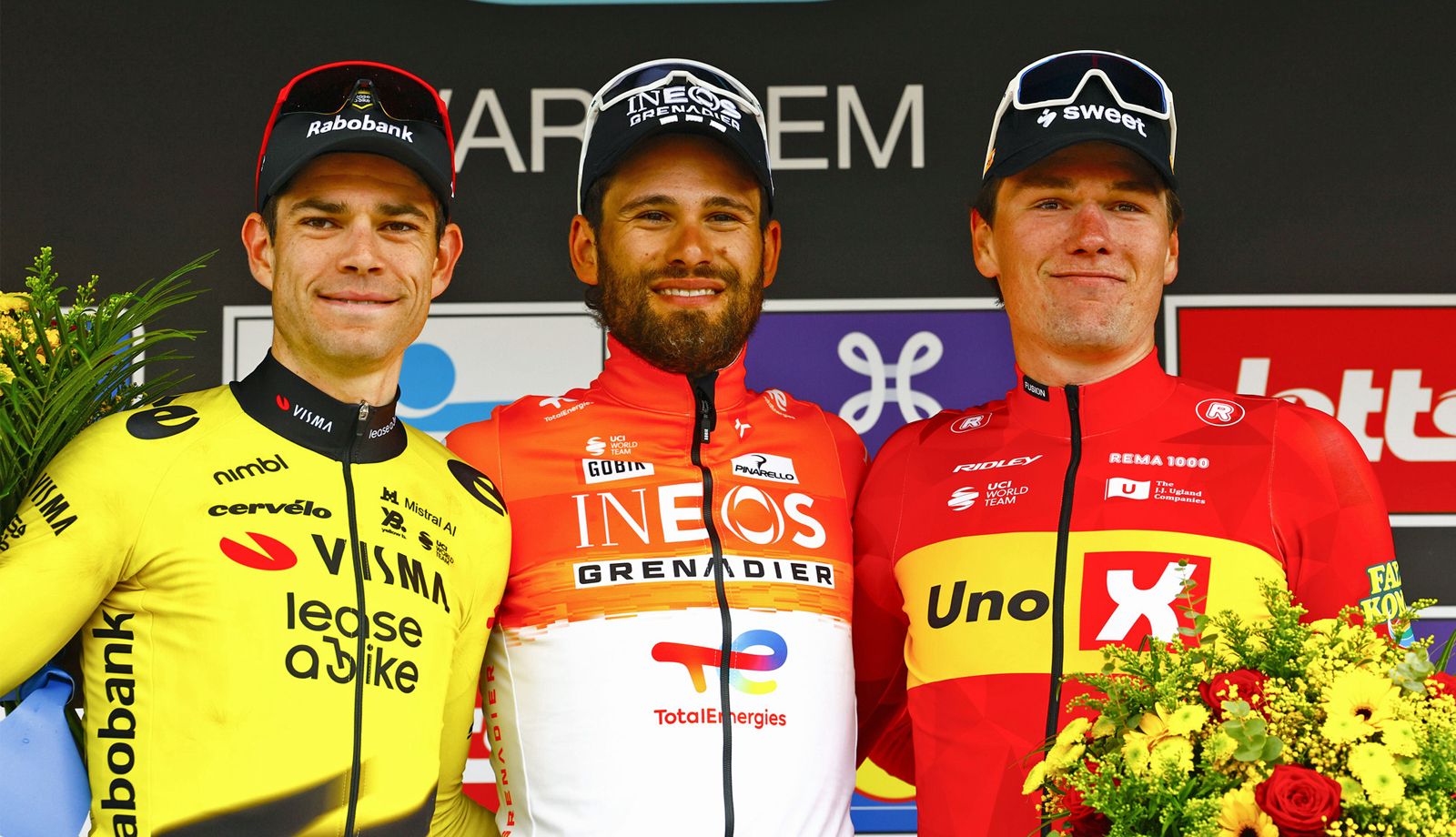 Ganna, Van Aert y Wærenskjold, podio de A Través de Flandes