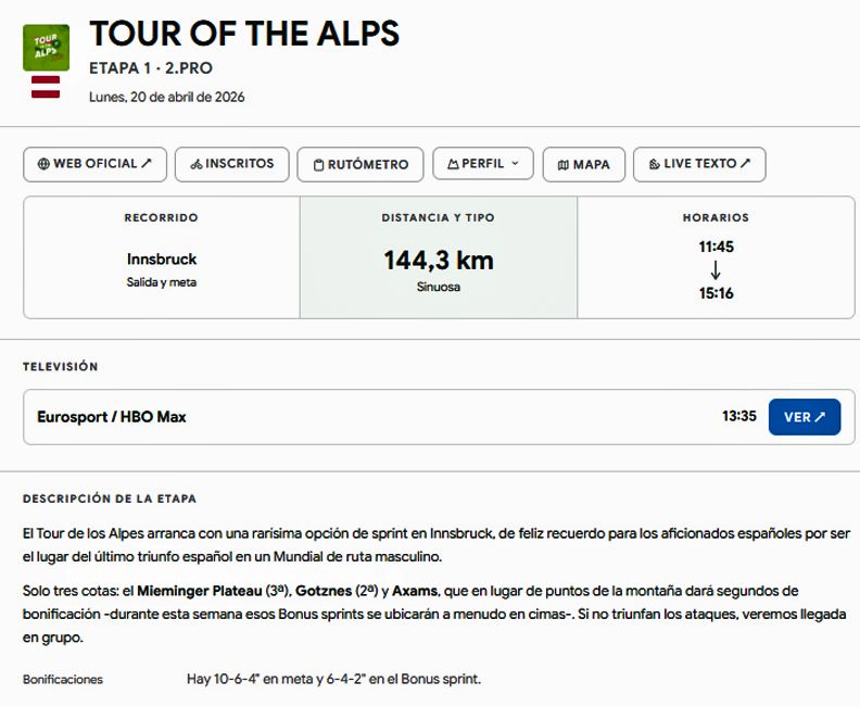 vista carrera calendario