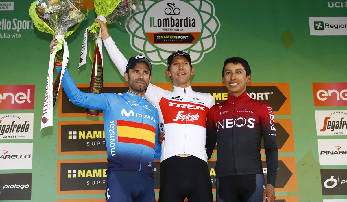 Podio de Il Lombardia 2019. La edición de este se celebrará el 15 de agosto. Foto: Bettini Photo