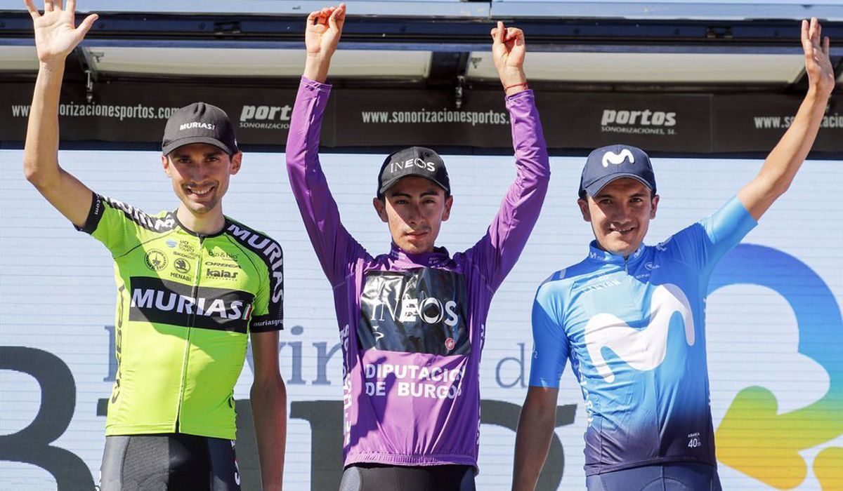 Podio de la Vuelta a Burgos 2019, con Iván Ramiro Sosa escoltado por Óscar Rodriguez y Richard Carapaz. 