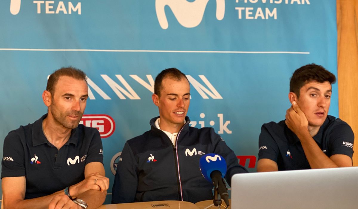 Alejandro Valverde, Enric Mas y Marc Soler, durante la rueda de prensa del Movistar Team en la primera jornada de descanso de La Vuelta