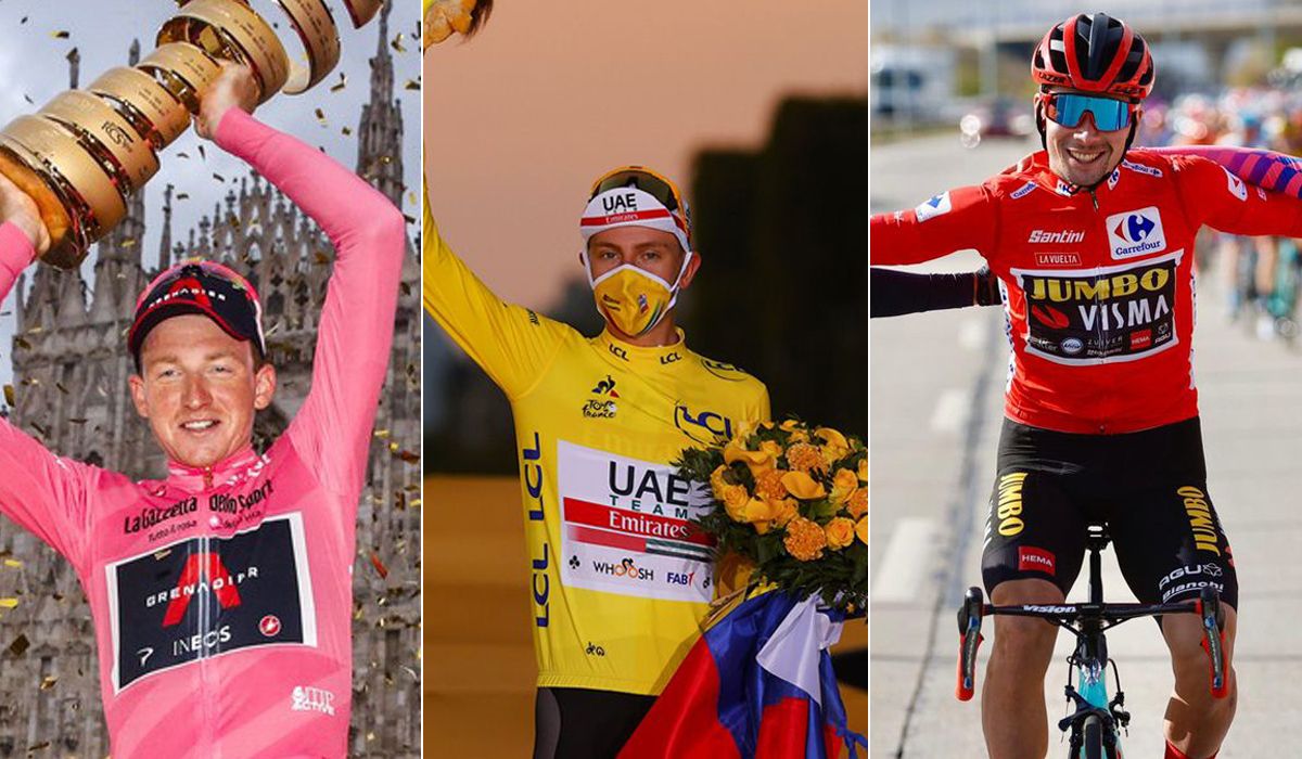 Geoghegan Hart, Pogacar y Roglic, ganadores de las tres grandes vueltas en 2020.  