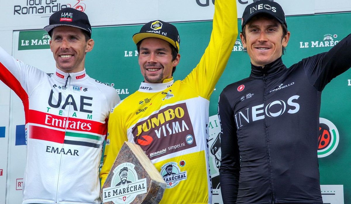 Podio de la última edición del Tour de Romandía (2019), con Primoz Roglic, Rui Costa y Geraint Thomas.  