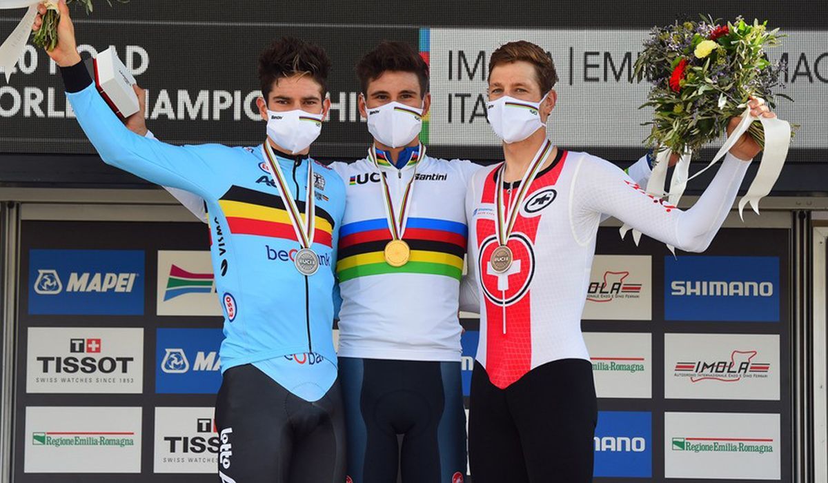 Filippo Ganna, Wout van Aert y Stefan Küng, en el podio del pasado Mundial contrarreloj. 