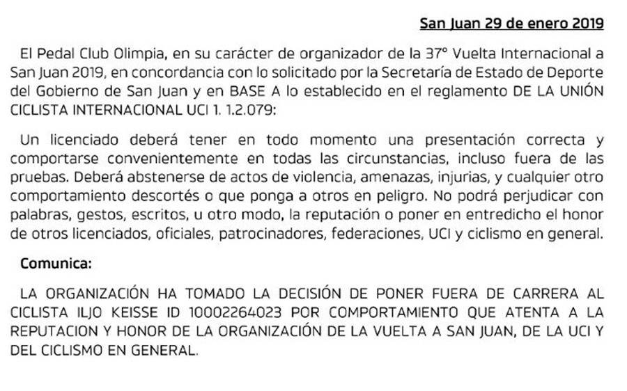 Iljo Keisse, expulsado de la Vuelta a San Juan