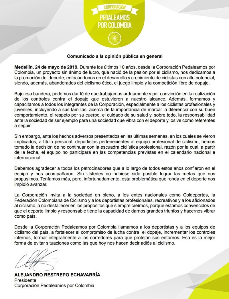 Manzana Postobón se retira del ciclismo por los casos de doping