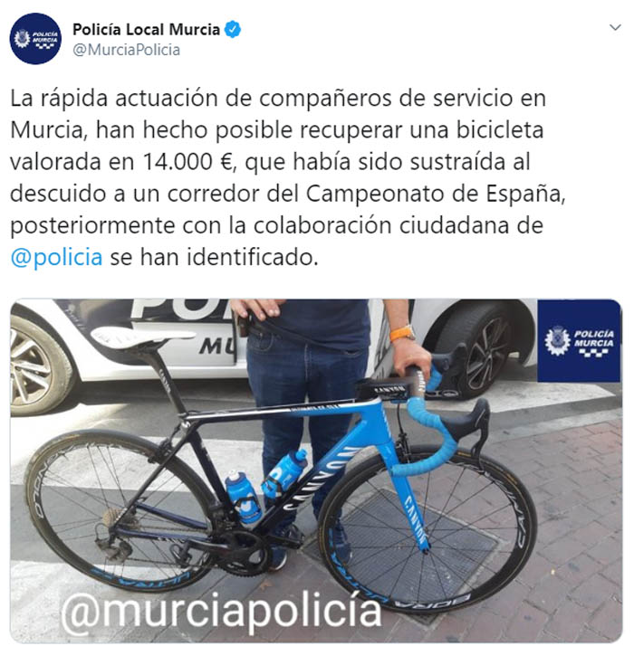 Recuperada la bicicleta robada al Movistar Team