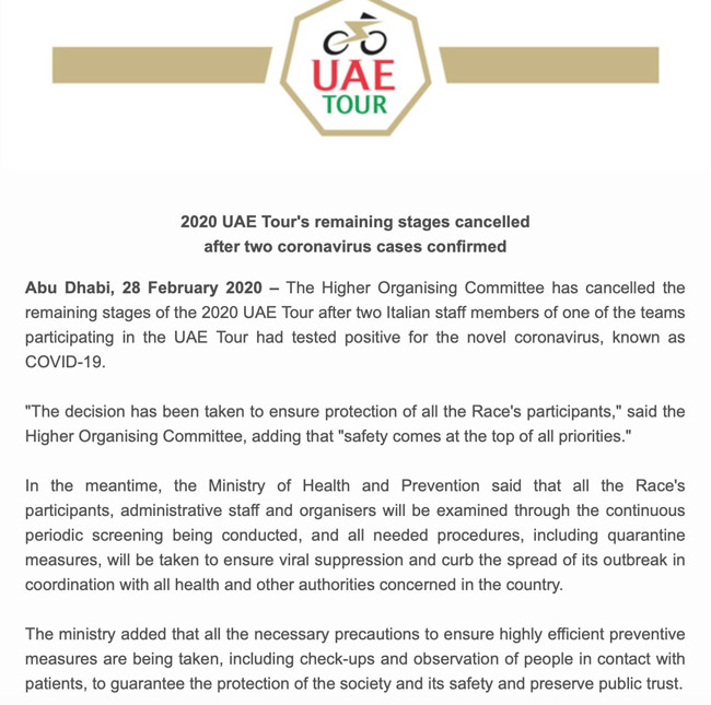 UAE Tour: dos italianos del staff técnico de un equipo, positivo por coronavirus