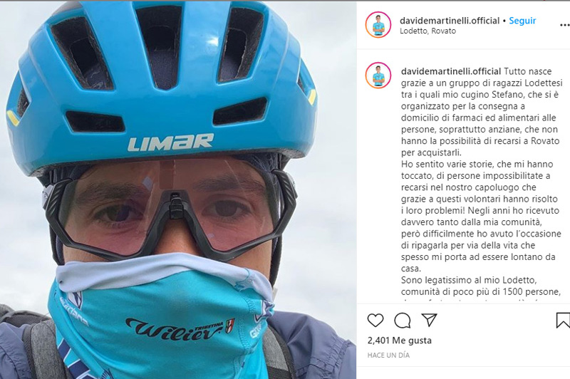 Davide Martinelli, una bici y una máscara le bastan para ayudar a afectados